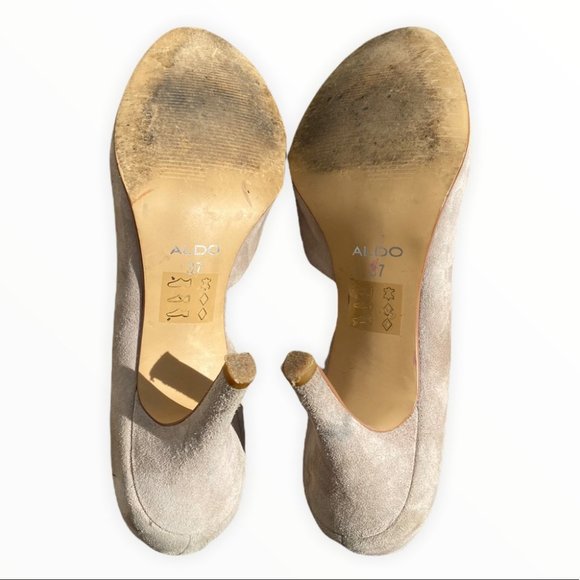 Aldo Suede Leather Tan Beige D'Orsay Pumps Size 37 or 6.5 Round Toe 3 Inch Heels - Picture 5 of 12